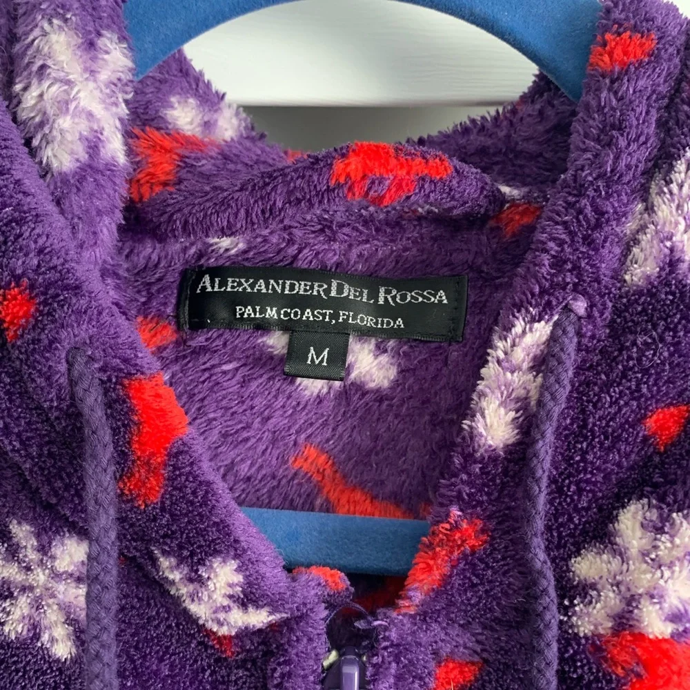 Alexander Del Rossa Plush Women's Hooded Footed Pajamas Purple Reindeer Medium - Picture 5 of 6